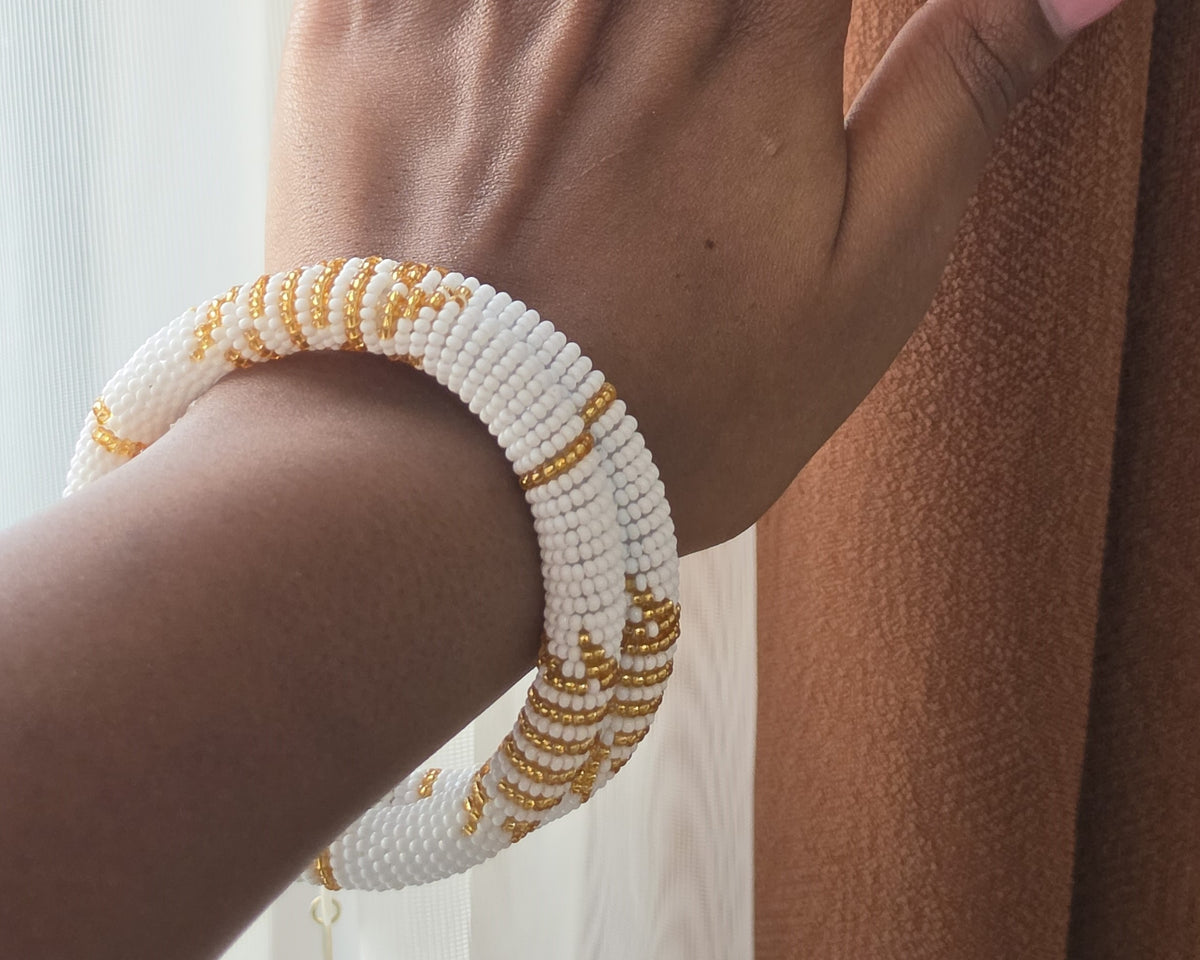 Taa Bangle - White and Gold seed bead woven bangle bracelet