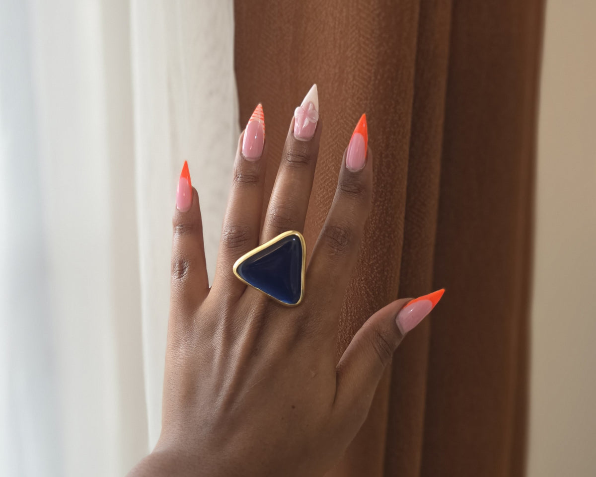 Zeituni Ring - deep navy blue triangular glass bead ring in gold bezel