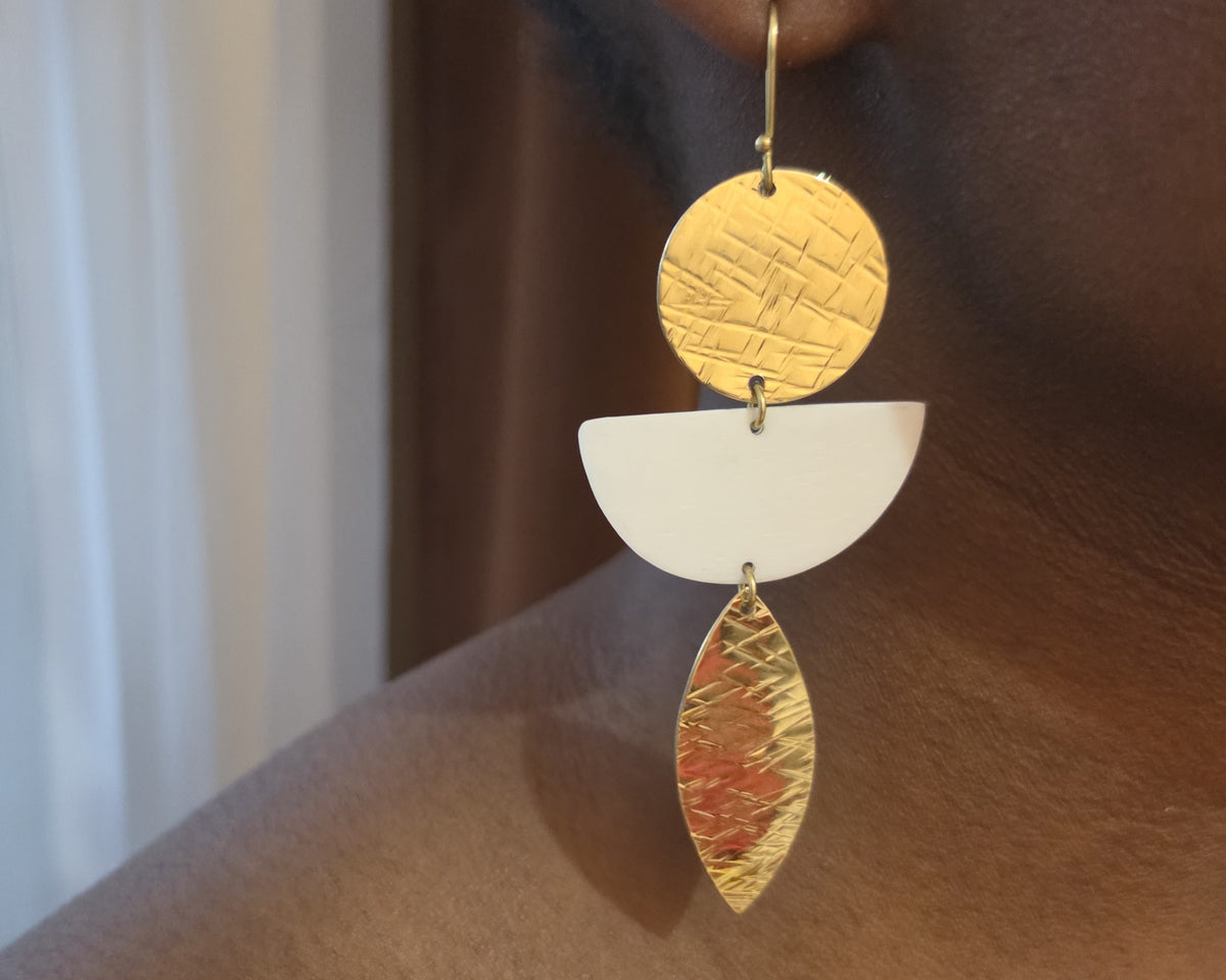 Kai Earrings - textured brass disc, white cow horn half-moon and brass leaf drop earrings