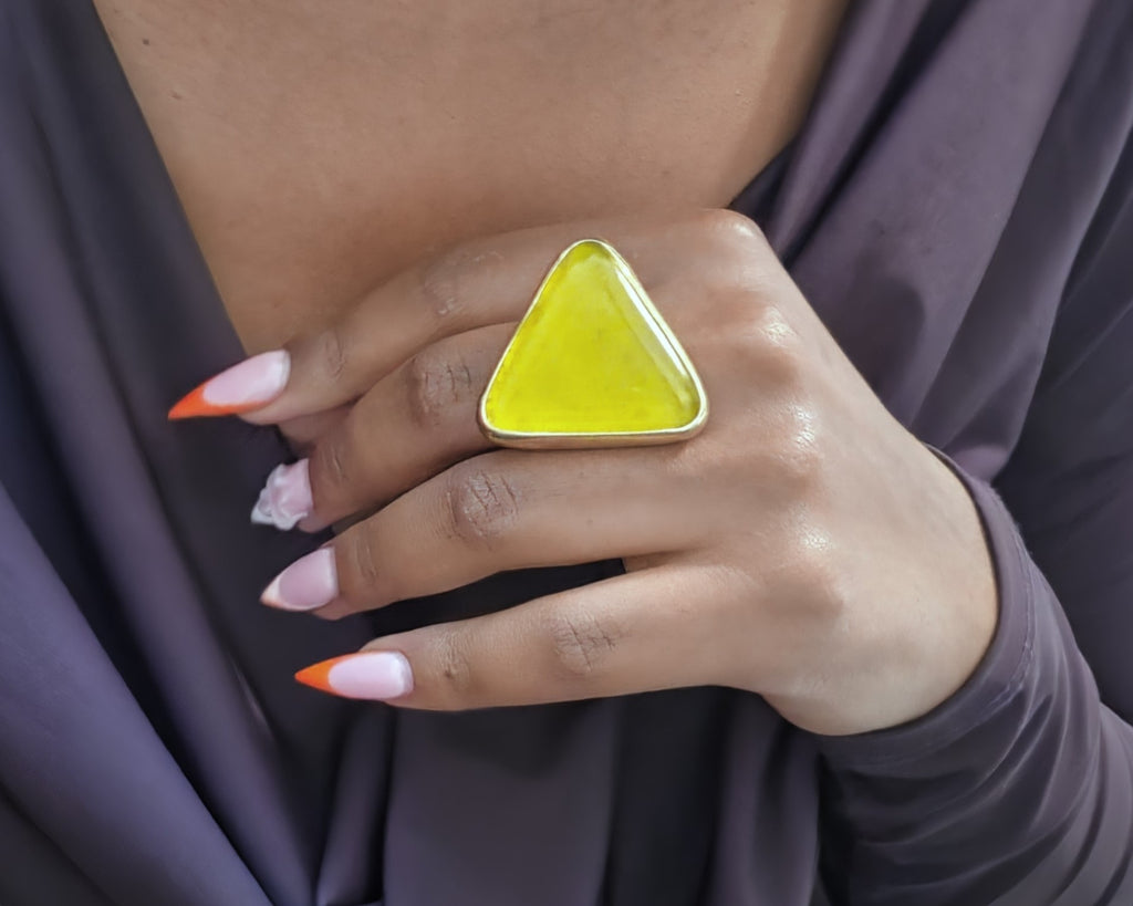 Chungwa Ring - neon yellow-green triangular glass bead ring in gold bezel