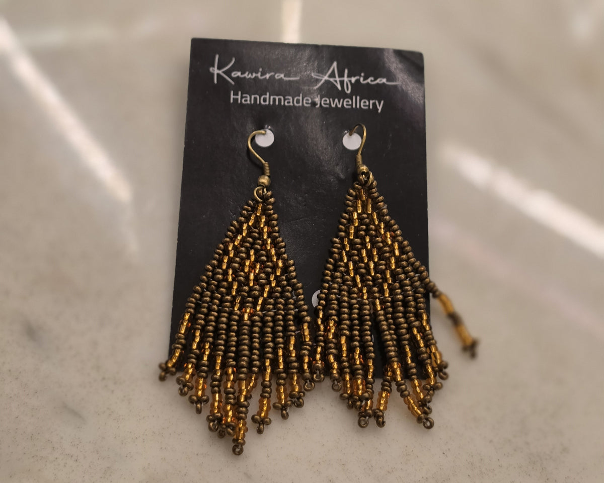 Kichanua bronze and gold-toned earrings with cascading beaded fringe and gold-toned hooks