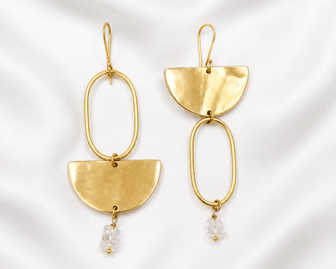 Zana Earrings – handmade asymmetric hammered gold hoop and half-moon drop earrings by Kawira Africa