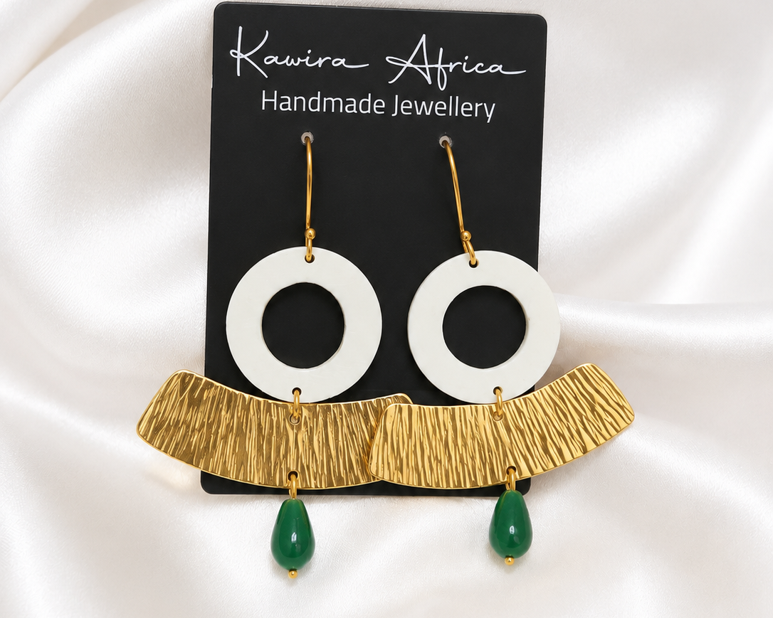 Chep Earrings – handmade white shell, hammered gold bar and emerald green teardrop earrings by Kawira Africa