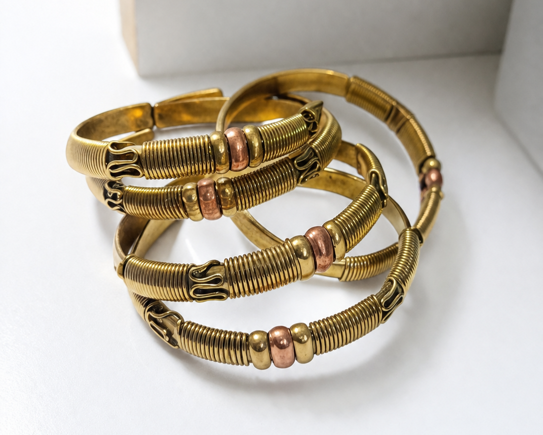 Hazina Cuff - brass wire wrap bangles with copper bead accents, stacked, handmade in Kenya