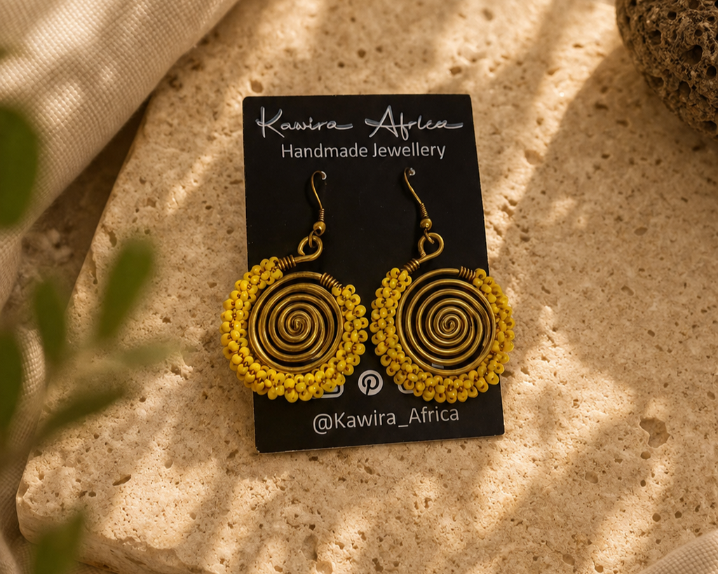 Nuru Earrings - handmade yellow beaded spiral wire earrings by Kawira Africa