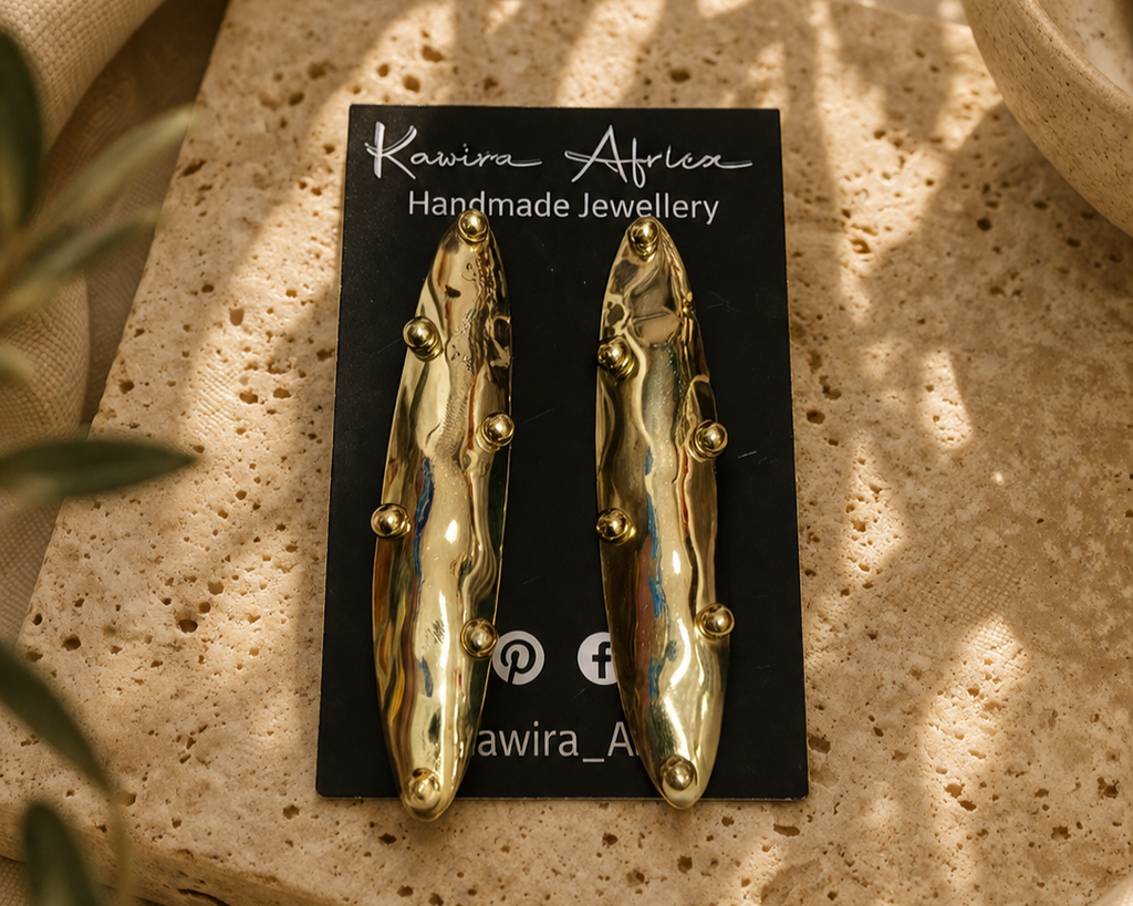 Nguzo Drops – Kawira Africa handmade gold drop earrings lifestyle shot