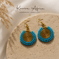 Nuru Earrings Blue – handmade turquoise beaded brass wire spiral earrings by Kawira Africa