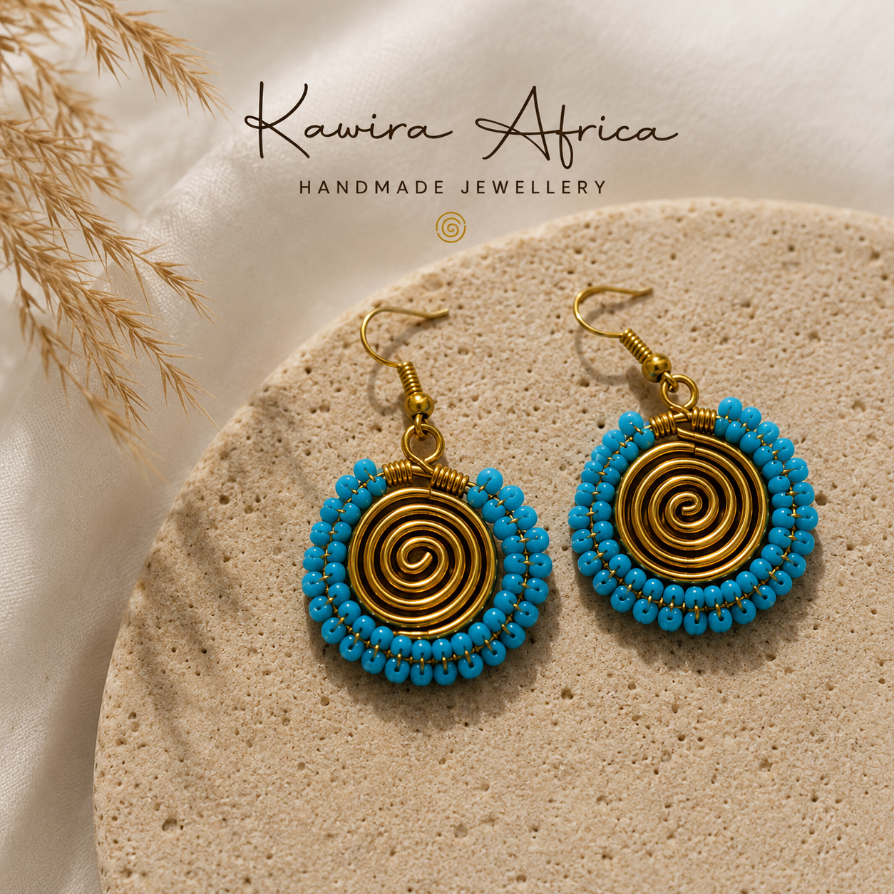 Nuru Earrings Blue – handmade turquoise beaded brass wire spiral earrings by Kawira Africa