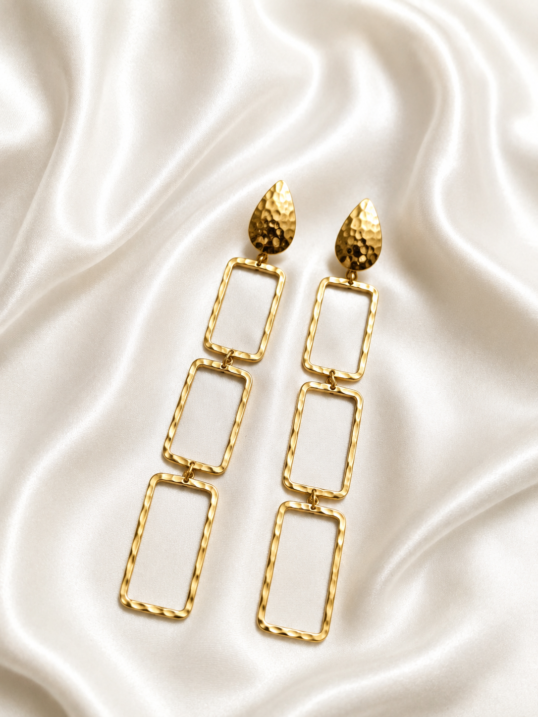 Nia Earrings - long hammered brass rectangle drop earrings with teardrop stud