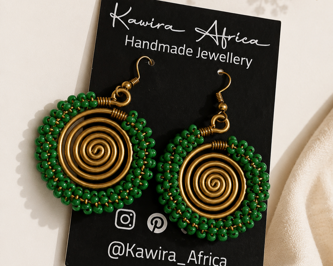 Nuru Earrings Green – handmade green beaded brass wire spiral earrings by Kawira Africa