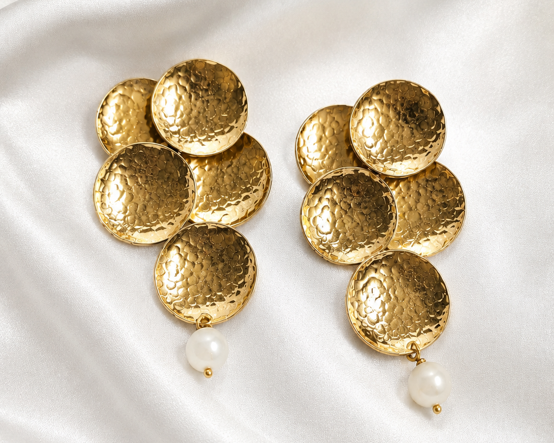 Taji Drops – handmade cascading hammered gold disc earrings with freshwater pearl drop by Kawira Africa