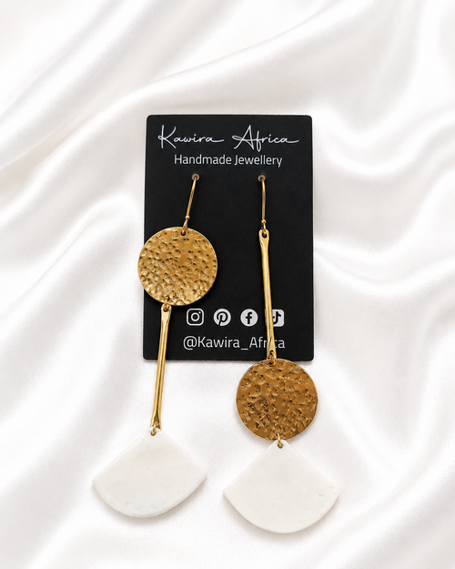 Ardhi Drops – handmade hammered brass disc and cow bone square drop earrings by Kawira Africa