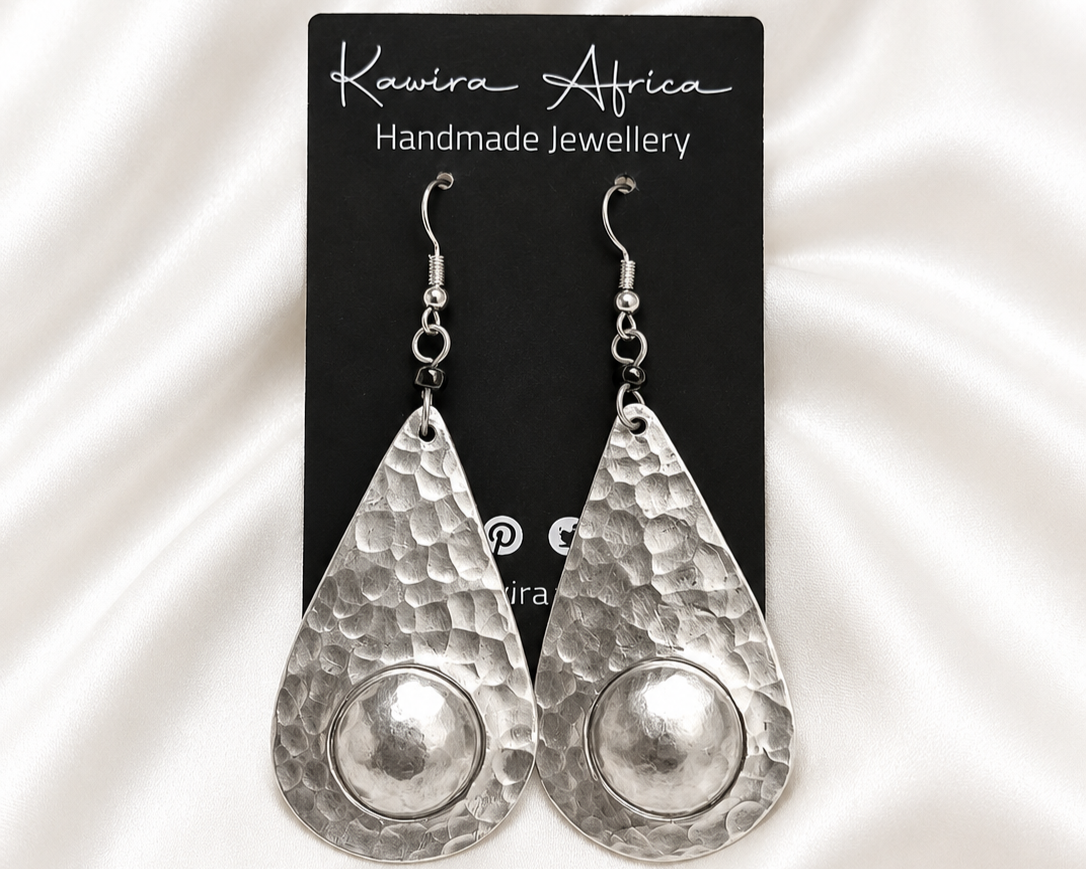 Umbo Earrings – handmade aluminium hammered teardrop earrings with domed ball centre by Kawira Africa