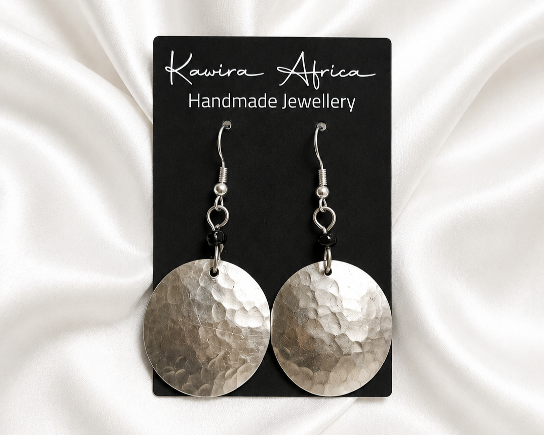 Pande Earrings – handmade aluminium hammered disc drop earrings by Kawira Africa