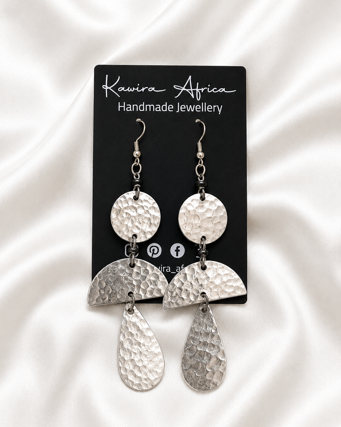Wema Earrings - hammered aluminium geometric drop earrings with disc, half-moon and teardrop shapes
