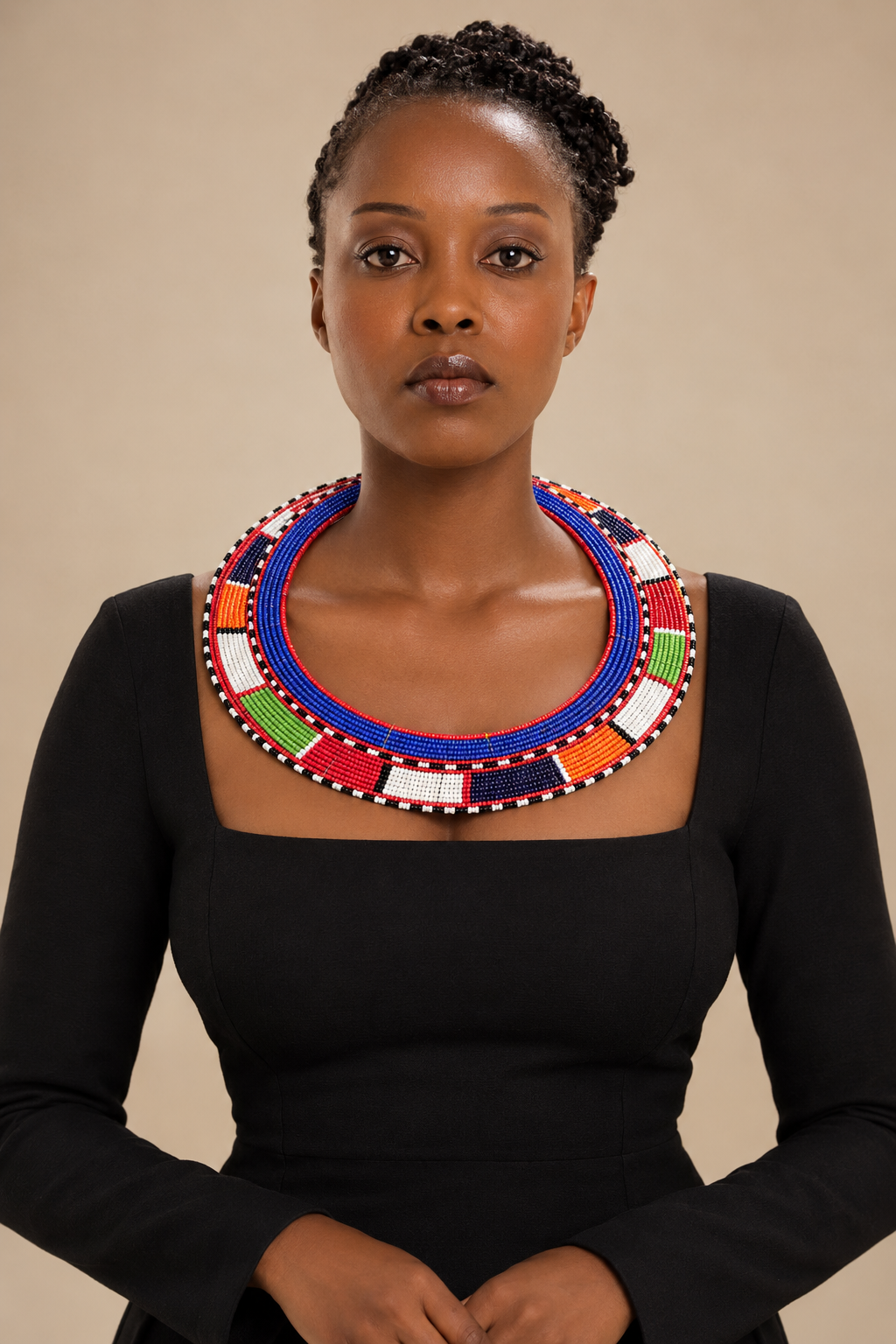 Naisula Maasai Collar Necklace with blue, red, white, green, orange and black beadwork, worn with a black dress