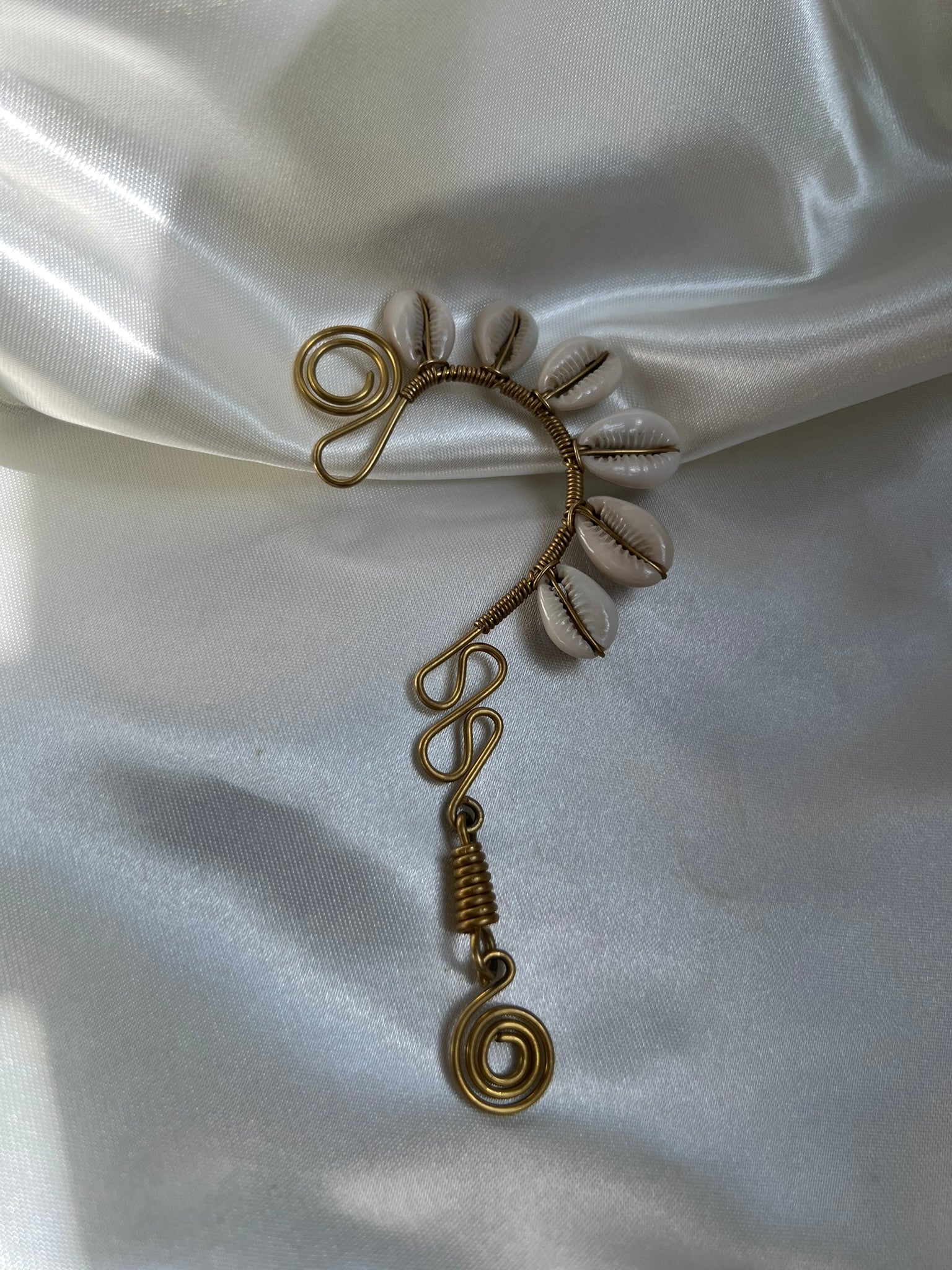 Kilifi Ear Cuff - brass wire and cowrie shell left ear cuff with spiral drops, handmade in Kenya