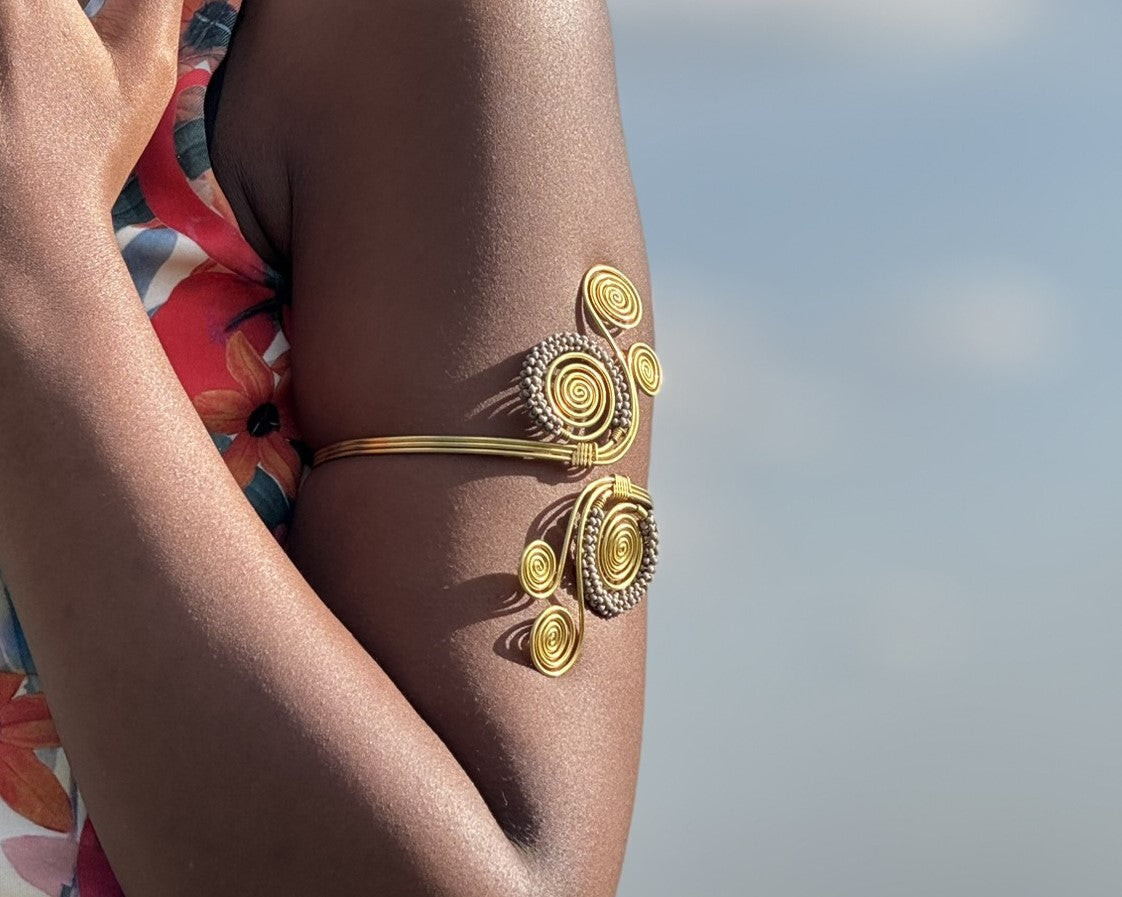 Brass Wire & Grey Bead Spiral Armlet