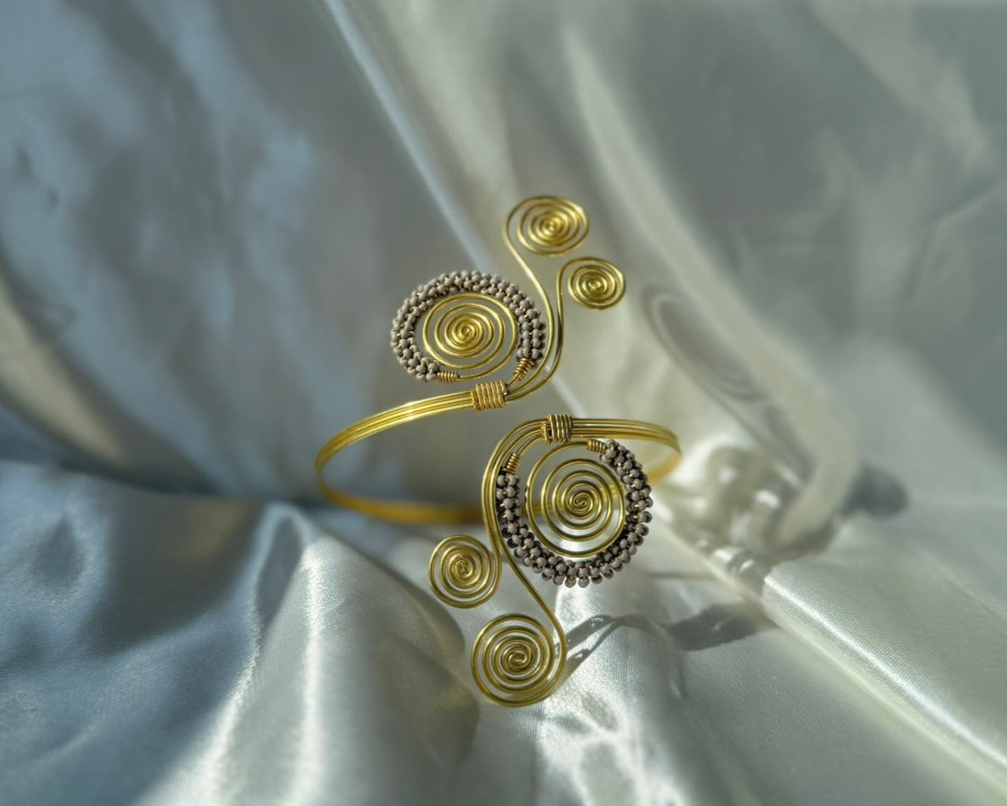 Brass Wire & Grey Bead Spiral Armlet