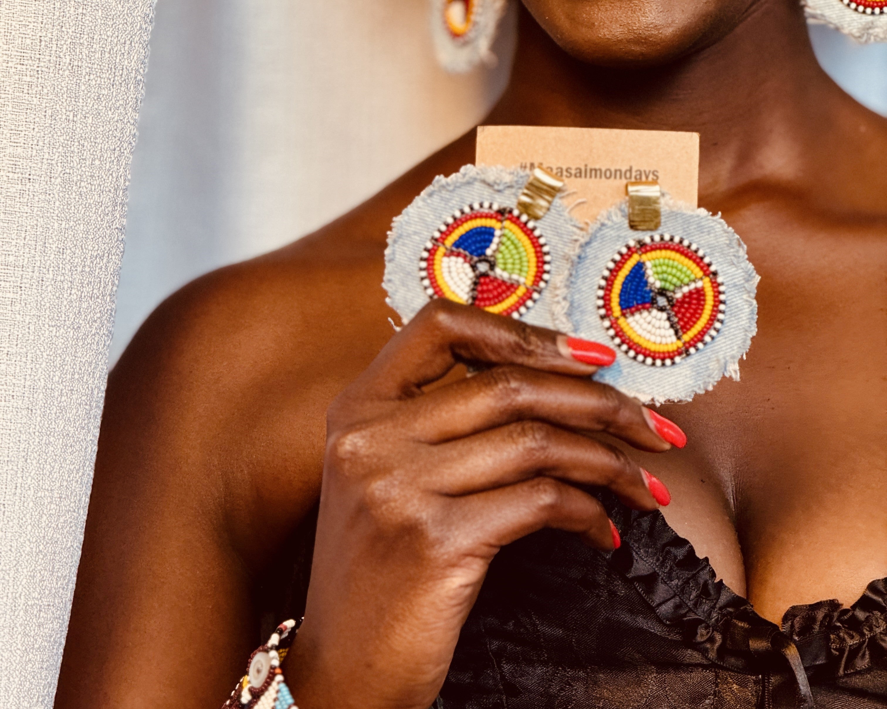Denri Earrings - Maasai beadwork on recycled denim, product shot